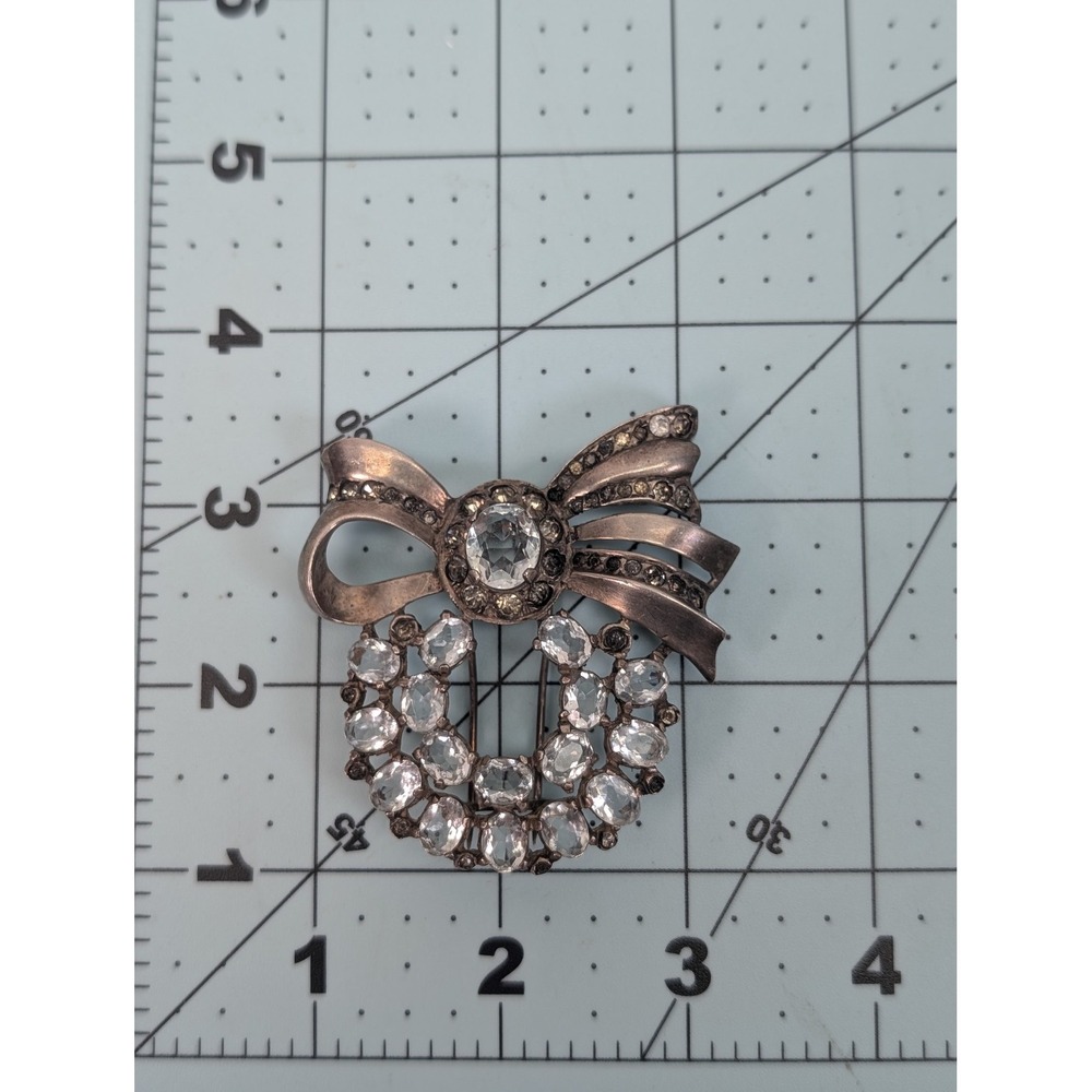 Vtg 1940s Eisenberg Original Sterling Silver Rhinestone Bow Wreath Fur Clip 2.4"